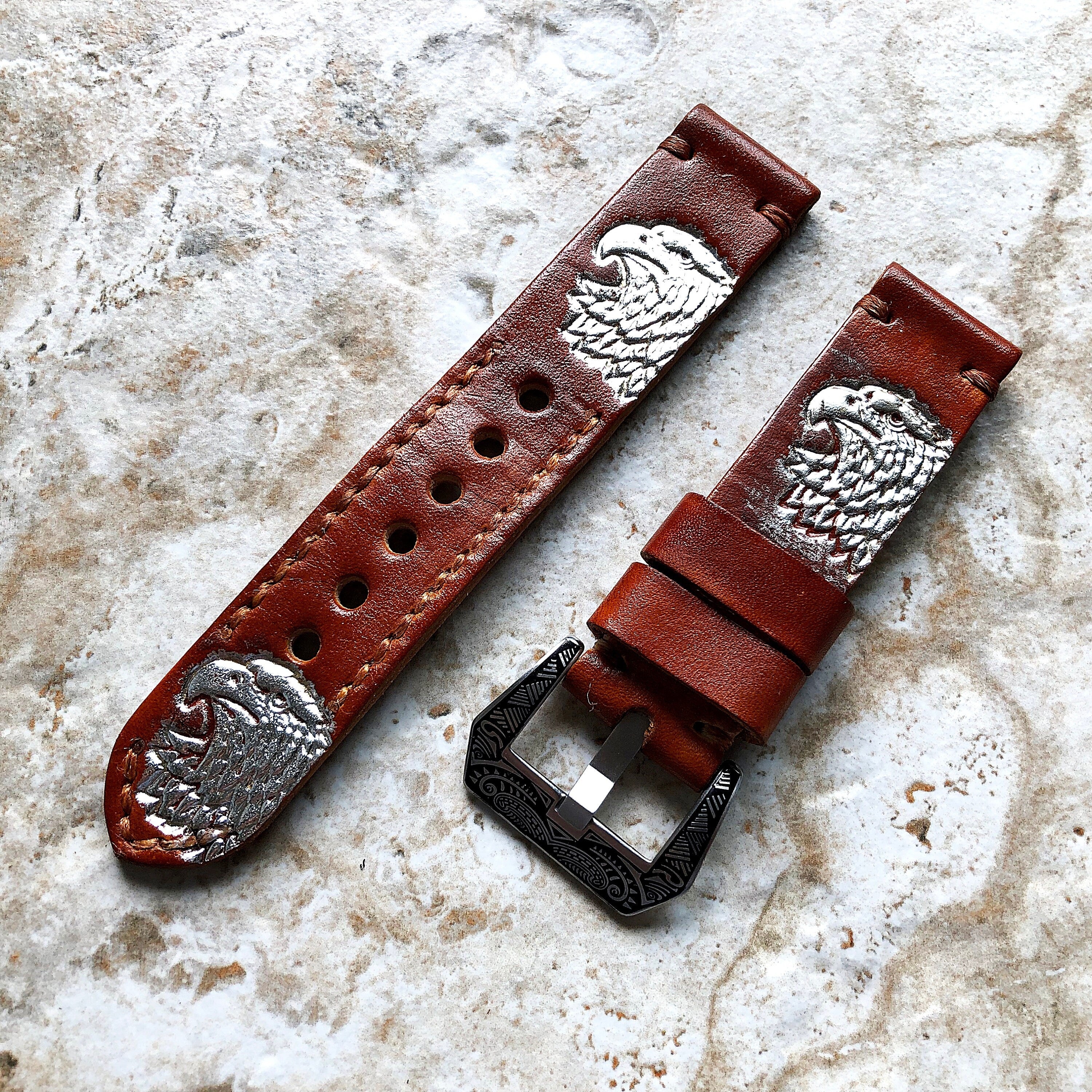 N American Eagle Band 22mm 24mm 25mm Compatible with Apple Watch Fitbit Versa 2 3 4 Sense 2 Ionic Accented Embossed Tooled Leather Strap